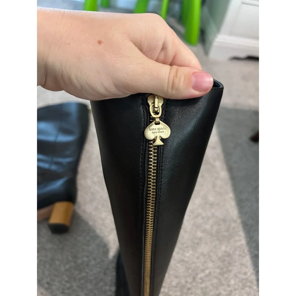 Kate Spade New York‎ Black Leather Knee High Boots Block Heel Zip Back